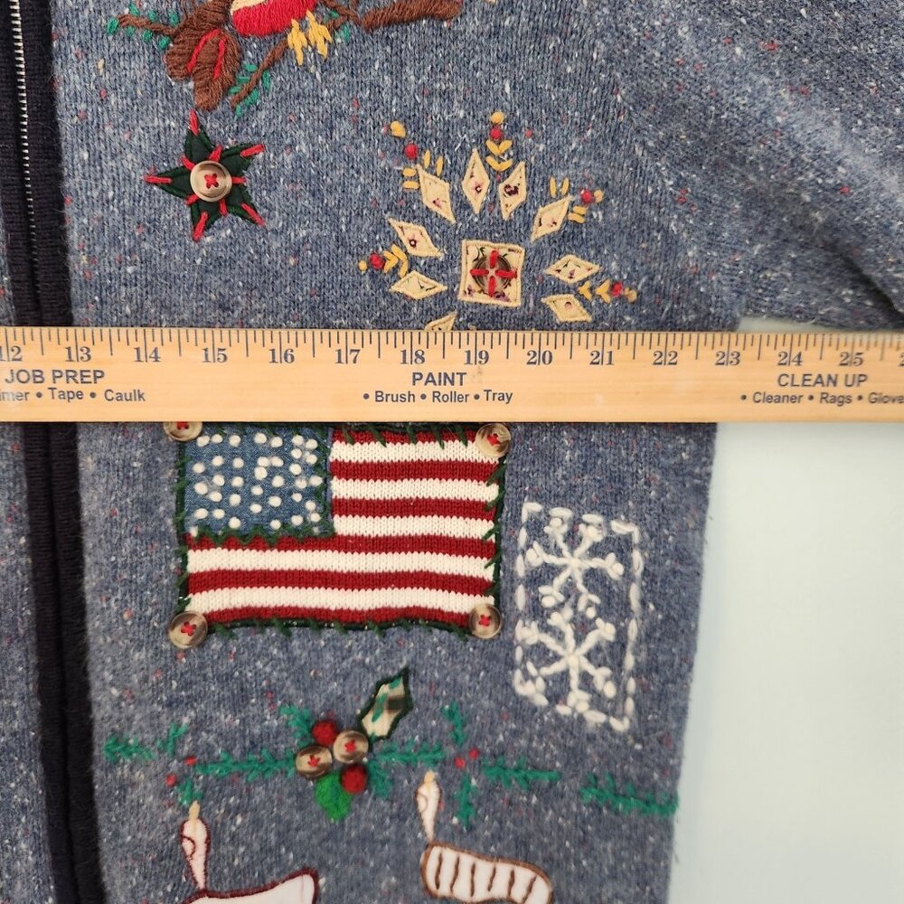 OHI Folk Christmas Sweater Full Zip Country Birds Patriotic US Flag Large EUC - Picture 14 of 16